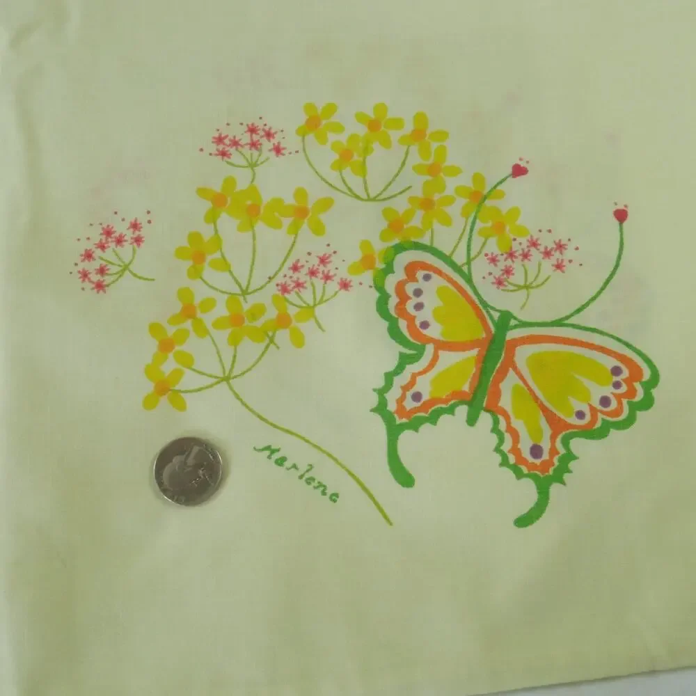 Vintage 70s Queen Sheet‎ Set Yellow Floral Butterflies Marlene Tastemaker Dainty